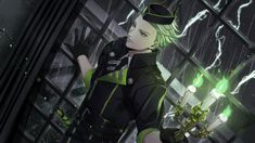 an anime character with green hair and black outfit standing in front of a glass window