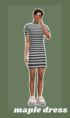 a woman in striped dress standing with her hand to her mouth and the words maple dress on