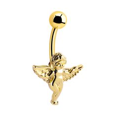 Belly button ring (surgical steel, gold, shiny finish) with angel design (Gold Plated Surgical Steel 316L) | The World's No.1 Piercing Shop Unique Belly Rings, Gold Belly Button Rings, Belly Button Piercing Jewelry, Angel Design, Belly Button Jewelry, Cute Piercings, Piercing Shop, Fake Piercing, Piercing Ring