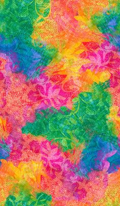 an abstract painting of colorful flowers and leaves on a multicolored background with green, yellow, pink, blue, red, orange and purple colors