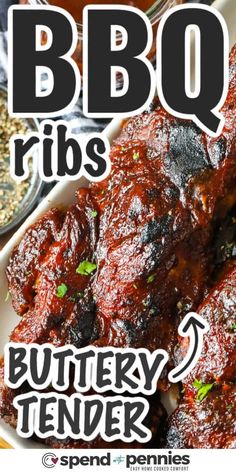 bbq ribs with buttery tender on top and seasoning in the bottom corner