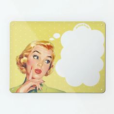 a woman with a thought bubble above her head, on a yellow and white background