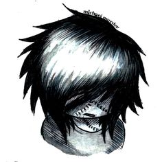 an ink drawing of a person with black hair and spiked spikes on their foreheads