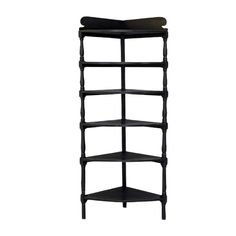 a black shelf with three shelves on each side and an oval shaped shelf in the middle