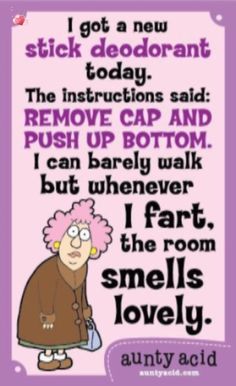 an old woman with pink hair is saying, i got a new sticker today the instructions said remove cap and push up bottom