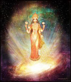 the goddess standing in front of an open star filled sky with her arms outstretched and hands out