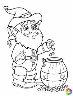 a cartoon gnome with a pot full of coins