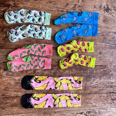 Bundle Of Fun Socks: Light Green With Sushi, Pink With Green Pickles, Blue With Donut Flamingos, Chartreuse With Pink Aliensall In Good Used Condition. Pink And Black With Bananas, Brand New. Fun Socks, Cool Socks, Pink And Black, Bananas, Aliens, Pickles, Hosiery, Donuts, Light Green