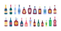 an assortment of different types of liquor bottles in various colors and sizes, all lined up against a white background