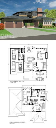 two story house plans with floor plans and elevations for the first story, second story