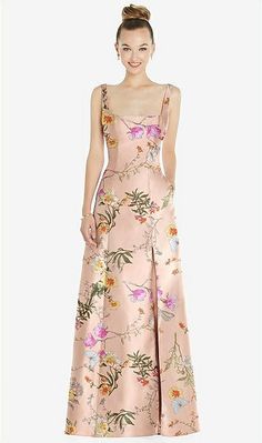 Sleeveless Square-neck Princess Line Floral Bridesmaid Dress With Pockets In Butterfly Botanica Pink Sand | The Dessy Group Dresses For Bridesmaids, Printed Satin Dress, Floral Bridesmaid Dresses, Floral Bridesmaid, Bella Bridesmaid, Trumpet Skirt, Floral Gown, Fashion Enthusiast, Printed Dresses