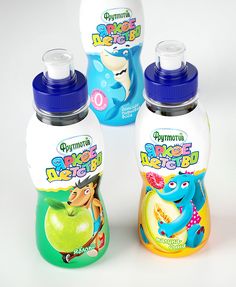 three plastic bottles with cartoon characters on them