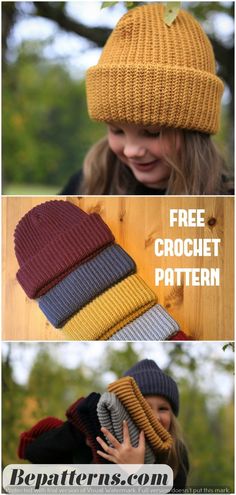 three pictures showing different types of knitted hats with text overlay that says free crochet pattern