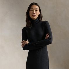 This wool-blend turtleneck dress unites a fitted bodice with a sweeping A-line skirt that hits above the ankle. Sweatpants And Sweater, Classic Turtleneck, Travel Capsule, Turtleneck Dress, All Black Everything, Turtle Neck Dress, Rugby Shirt, Fitted Bodice, Vest Dress