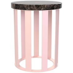 a pink and black marble top side table with stripes on the bottom, in front of a white background