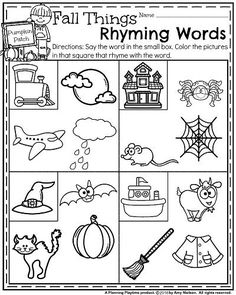 the fall things rhyming words worksheet is shown in black and white