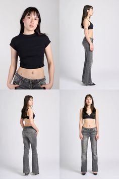 four different pictures of a woman in black shirt and jeans with her hands on her hips