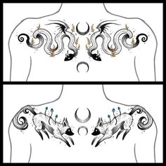 an artistic tattoo design on the back of a man's chest, with two different images