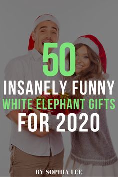 a man and woman holding presents with the words 50 insanely funny white elephant gifts for