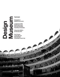 an advertisement for the design museum in black and white, with circular balconies