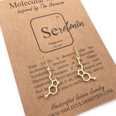 Give the gift of happiness! These earrings are inspired by the molecular structure of Serotonin. Serotonin is a neurotransmitter that regulates your mood and induces feelings of happiness. Put it on, look in the mirror, and you'll be sure to smile! To add a little love to your style, you can choose to have one dopamine molecule and one serotonin molecule or the same of each molecule. 🔬For other science themed jewelry, please check out my main shop page www.etsy.com/shop/molecularmotifs Earring Dopamine And Serotonin, Dopamine Serotonin, Dopamine Molecule, Serotonin Molecule, Psychology Gifts, Chemistry Gifts, Science Jewelry, Happy Hormones, Science Themes