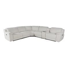 a white leather sectional sofa with recliners on the back and one end facing it