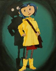 a painting of a girl with blue hair and yellow raincoat standing in front of a black background