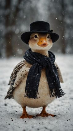 a small duck wearing a black hat and scarf in the snow with it's eyes closed