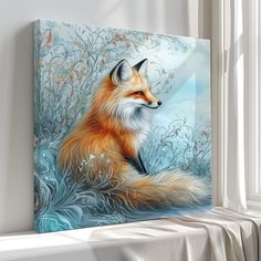 a painting of a fox sitting on top of a window sill