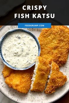 crispy fish katsu on a plate with dipping sauce