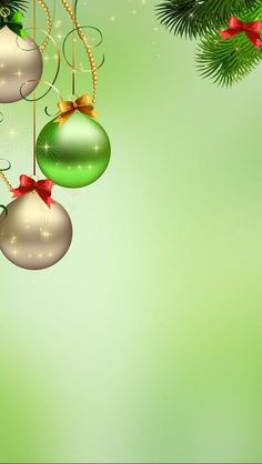 christmas balls hanging from a tree branch with bows on it's sides and green background