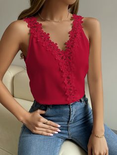 Red Elegant Collar  Rayon Plain Wide Strap Embellished Non-Stretch Summer Women Tops, Blouses & Tee Red V-neck Top For Holiday, Red Sleeveless Feminine Blouse, Spring Holiday Blouse, Lace Trim Tank Top, Business Formal Dress, Lace Cami Top, Red Boho, Elegante Casual, Women Tank Tops