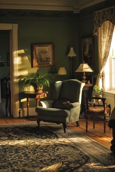 a living room with green walls and furniture