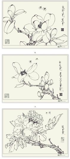 three drawings of flowers with chinese writing on the bottom and bottom, one is black and white