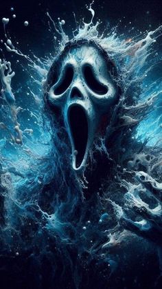 the scream movie poster with water splashing out of it's mouth and face