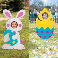 two cardboard easter decorations with children's faces in them and people looking at them