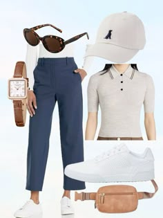 a woman in white shirt and blue pants with sunglasses on top of her head, watch, belt bag, wristwatch