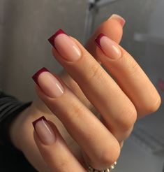 Burgundy Fall Nails 25 Ideas: Elevate Your Autumn Style Autumn Biab Nails Square, Simple Nails Burgundy, Gel Mani Short Nails Fall Colors, Short Taper Square Nails, Cute Dark Red Nail Designs, French Color Nails Design, Square French Tip Acrylic Nails Color, French Nails With Burgundy, Gel X Coffin Nails