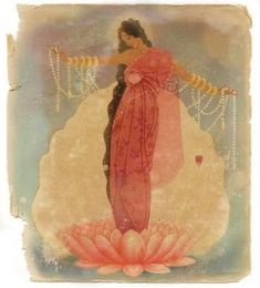 a painting of a woman in a pink dress standing on a flower with beads around her neck