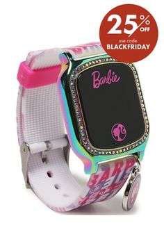 a wrist watch with pink and green designs on the front, 25 % off black friday