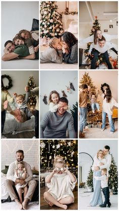 a collage of photos with people and christmas trees