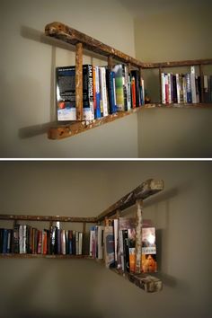 there are two bookshelves made out of wooden planks and one is filled with books