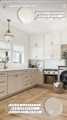 an image of a kitchen with white cabinets and wood flooring, including the words paint colors