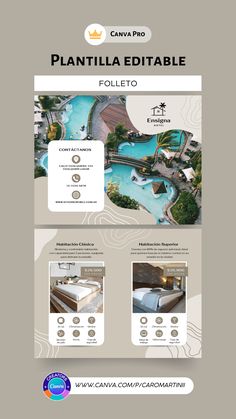 a brochure for a hotel with an aerial view of the pool and surrounding area