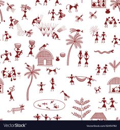 seamless pattern with people and animals in the style of primitive art on white background