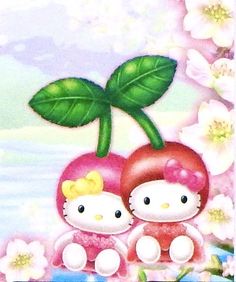 two hello kitty dolls sitting next to each other in front of flowers and a tree