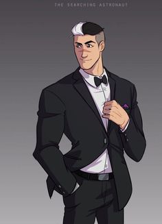 a man in a tuxedo is standing with his hands on his hips