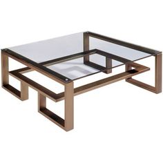 a glass and metal coffee table sitting on top of a white floor