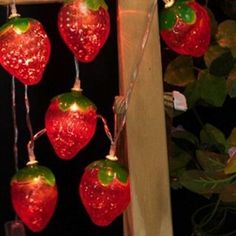 some lights that are hanging from a wooden pole with strawberries on them and green leaves