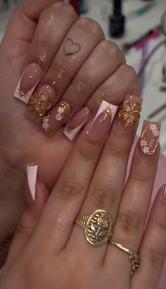 Fall Nail Inspo Long Square, Nails To Go With A Brown Dress, Y 2k Nails, Acrylic Nail Designs White And Gold, Navy Blue Gem Nails, Short Gold And White Nails, Gold And Milky White Nails, Charmed Out Nails, Square Acrylic Nails Black Women